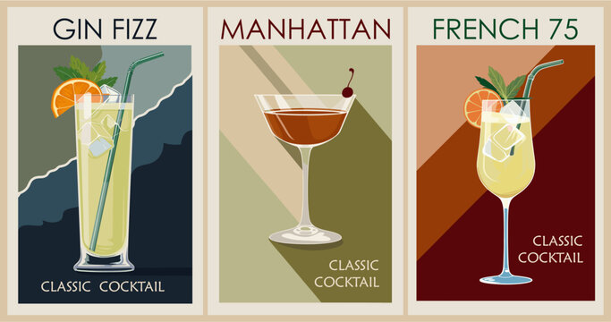 Cocktails retro poster set. Gin Fizz, Manhattan, French 75. Collection of popular alcohol drinks. Vintage style vector illustrations, bar, pub, restaurant, kitchen wall art print