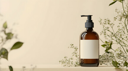 Photo of a brown glass shampoo bottle with a white label mockup, on a light beige background with flowers and plants