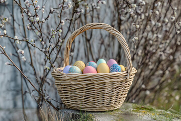 Fototapeta premium Blooming Willow Branches and Easter Painted Eggs in a Rustic Wicker Basket, Festive Spring Paschal Celebration, Generative AI