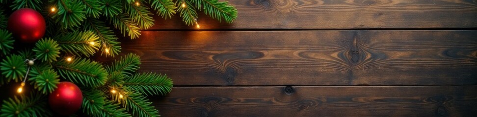 Festive holiday decorations with evergreen trees and lights on a wooden background, evergreen tree, winter background, Christmas decor