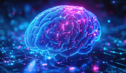 A digital representation of a brain, illuminated with vibrant neon colors.  Neural pathways and connections are highlighted