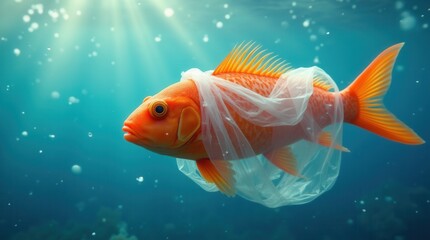 Sad goldfish trapped in plastic bag underwater