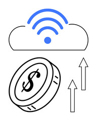 Cloud with wireless signal, coin with dollar sign, upward arrows depicting progress and innovation. Ideal for finance, technology, cloud computing, growth, connectivity innovation investment. Flat