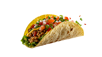 Delicious taco filled with seasoned meat, fresh vegetables, and cheese, captured in realistic style on clean white background, concept of food