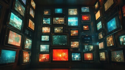Retro Monitors Wall, Surveillance Room, Cyberpunk City, Data Stream, Futuristic Film