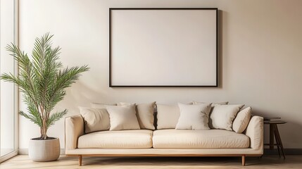 A minimalist living room featuring a beige couch with three pillows, a large blank framed artwork on the wall, and a potted plant placed beside the couch in soft lighting.