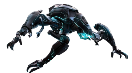 Cybernetic Guardian: A sleek, futuristic robot stands poised, showcasing a dark metallic exterior illuminated by neon blue energy, embodying the vanguard of technological advancement