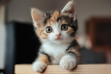 Calico kitten with paws on edge, peering with wide eyes, creating a heartwarming and adorable scene