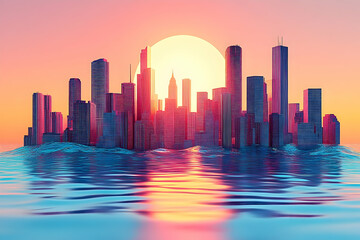 Obraz premium A metropolitan skyline is reflected on the wavy water at sunset