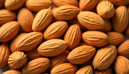 A pile of almonds. The almonds are round and have a light brown color with a slightly wrinkled texture. They are arranged in a random, overlapping manner, with some overlapping each other. 