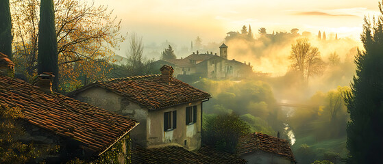 Fototapeta premium Serene Morning Landscape with Fog Over Hills and Rustic Houses