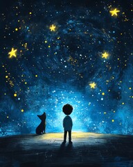 Obraz premium A young boy and his dog gaze up at a breathtaking night sky filled with luminous stars, creating a magical and serene atmosphere.