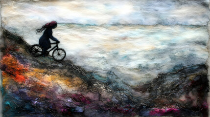 Obraz premium A silhouetted figure rides a bicycle on a mountainous textured landscape