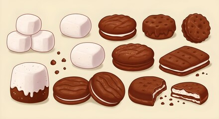 Marshmallow and Chocolate Biscuit Ingredient Set Isolated on White