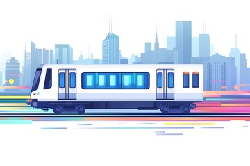 A futuristic high-speed train racing through a vibrant cityscape, symbolizing modern transportation and innovation, with bright colors and dynamic motion