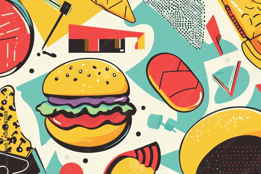 Aufkleber vibrant memphis-style pop art background showcasing abstract food shapes in colorful geometric desig