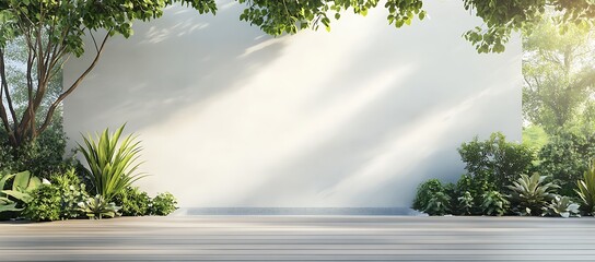 A minimalist garden scene with a clean white wall, framed by lush greenery and tropical plants, creating a serene and inviting outdoor space