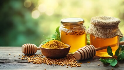 A beautiful display of honey jars, honey dipper, and natural grains on a wooden surface, surrounded by fresh herbs and flowers, evoking a rustic, organic feel