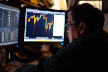 Stock market trader analyzing real time data and monitoring charts on multiple computer screens for effective investment strategies
