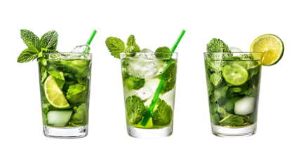Three refreshing mojito cocktails garnished with fresh mint and lime wedges isolated on a transparent background for promotional design.