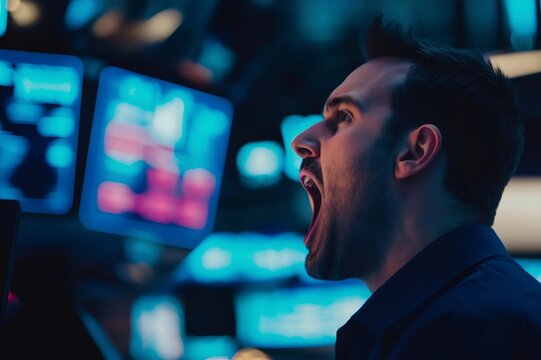 Stock trader shouting orders, working in a trading room with multiple screens showing financial data