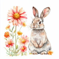 Obraz premium Springtime Bunny and Blossoms: An adorable, fluffy bunny sits peacefully beside a vibrant cluster of delicate, watercolor-painted flowers, capturing the essence of springtime.