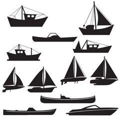 set Black silhouette of boats, ship, fishing boat various style