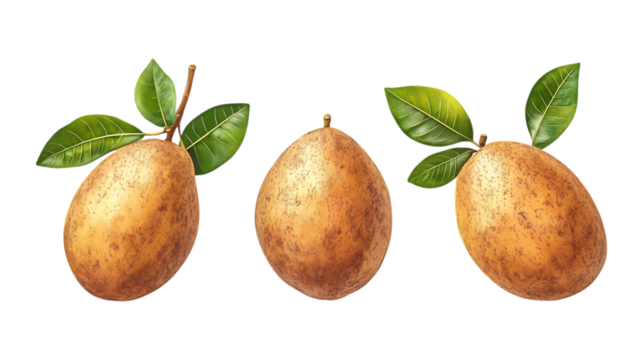 Pack of Sapodilla set Against Transparent Background for Tropical Fruit Branding, Healthy Snack Promotion, or Exotic Fruit Design Projects