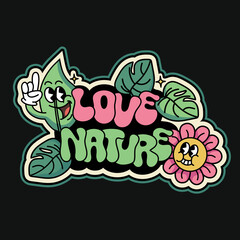  Love Nature retro sticker with cartoon leaf and flower.