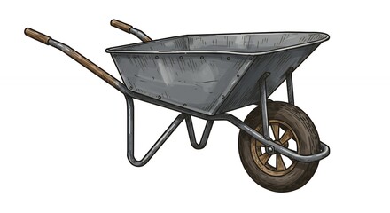 Vintage Wheelbarrow Illustration: A Detailed Drawing of a Rustic Metal Wheelbarrow