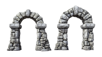 Stone arches with aged texture are isolated on a transparent background for use in fantasy gaming or historical website headers.