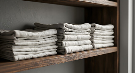 Stacks of Folded Linen Napkins on Wooden Kitchen Shelves Arrangement
