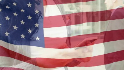 American flag overlaying animation of people using smartphones in business meeting - Powered by Adobe