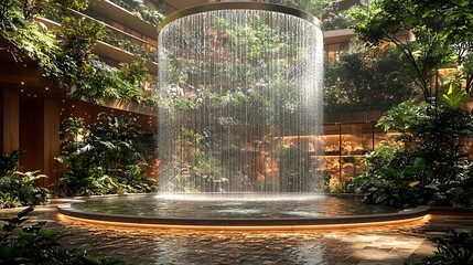 Waterfall Oasis: Architectural marvel blending nature and design, showcasing a cascading waterfall within a verdant atrium filled with vibrant green foliage and tranquil water features.