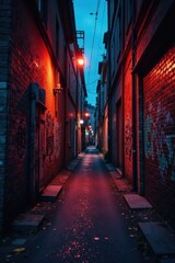 Dark urban alleyway with graffiti covered walls and a city street at dusk, shadows, city street, urban