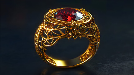 Golden ring with red ruby diamond gem on black background