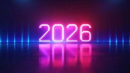 Glowing neon 2026 number design · Pink futuristic light typography with dark background for new year, tech celebration and modern digital visuals