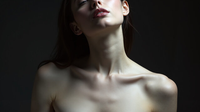 Artistic close up of woman's neck and collarbone in dramatic lighting against dark background