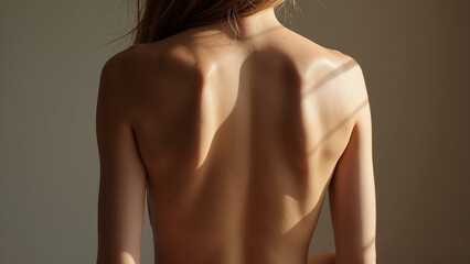 Back view of female body with defined spine and shoulder blades in natural light