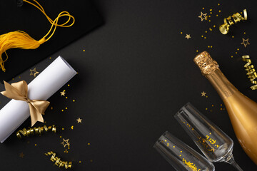 Elegant still life of a diploma, graduation cap, champagne bottle, glasses, and decorations highlighting a celebratory theme