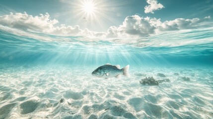 Fototapeta premium Underwater fish swimming above sandy ocean floor, sun shining through the water.