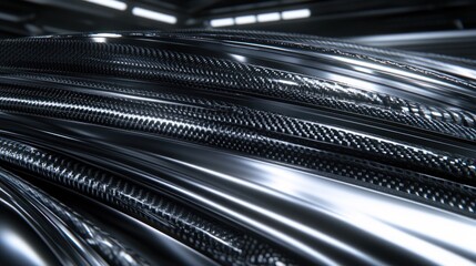 Abstract metallic texture, sleek silver cables swirling in a dark industrial setting.