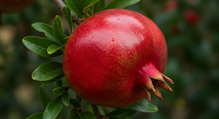 Close Up Of A Ripe Pomegranate Growing On A Branch Ready To Harvest