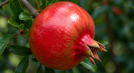 Close Up of Ripe Pomegranate Hanging On Branch In Natural Garden Setting