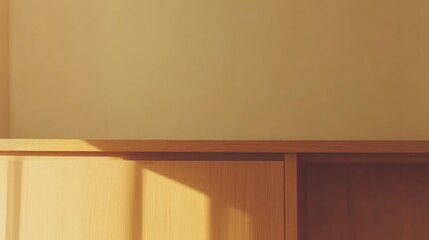 Fototapeta premium Sunlight illuminating a light brown wooden cabinet against a beige wall.