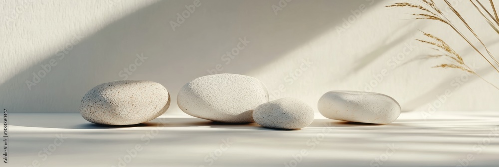 Poster Smooth river stones arranged meticulously on a white surface with soft lighting creating a neutral and calming aesthetic