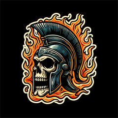 Vector Illustration of Skull head wear Spartan helmet with flame fire outside