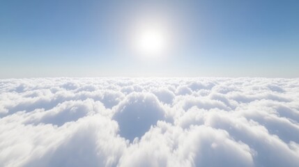 Naklejka premium Above the clouds, sun shining brightly on a sea of fluffy white cumulus clouds.