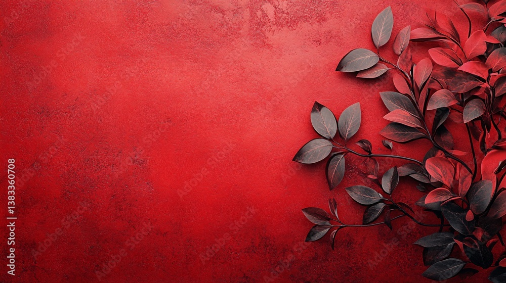 Poster red and black leaves forming a border on red textured background
