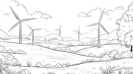 Wind farm landscape drawing, rural scene, tranquil, nature